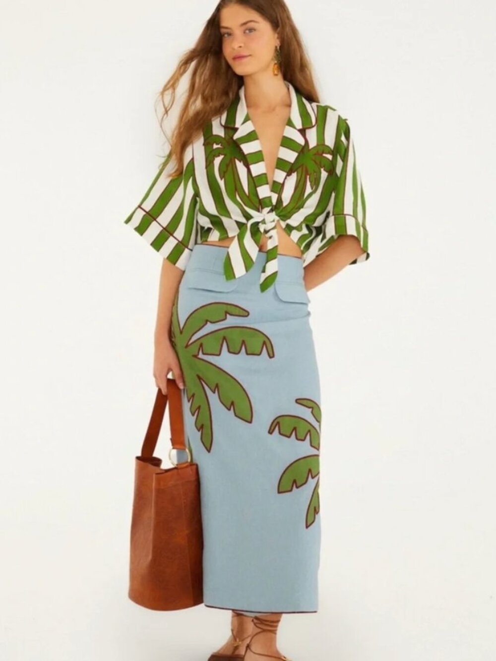 Farm Rio Blue Embroidered Palm Tree Maxi Skirt